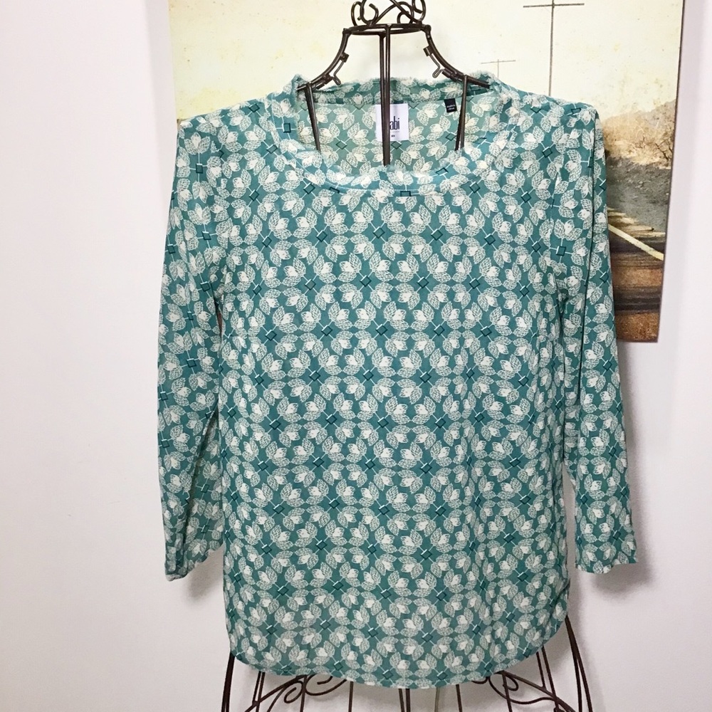CAbi | Sheer Green & Cream Long Sleeve Blouse XS